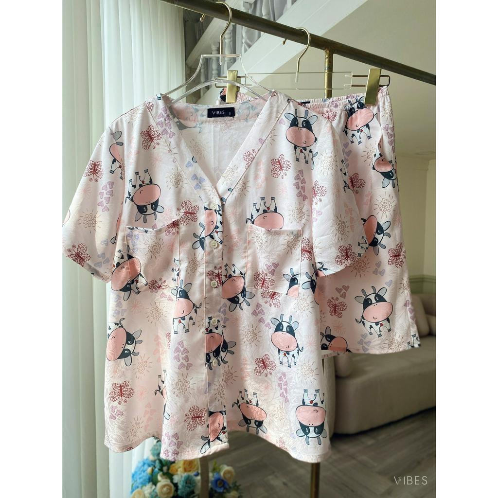 VIBES Pijama lửng lụa gấm Little Cow Py Set