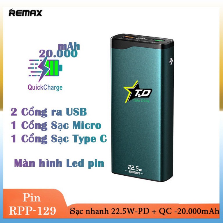 Pin sạc dự phòng mini 20000mAh 22.5W Remax RPP 129 sạc nhanh QC+PD màn hình LED hiển thị pin ♥️♥️