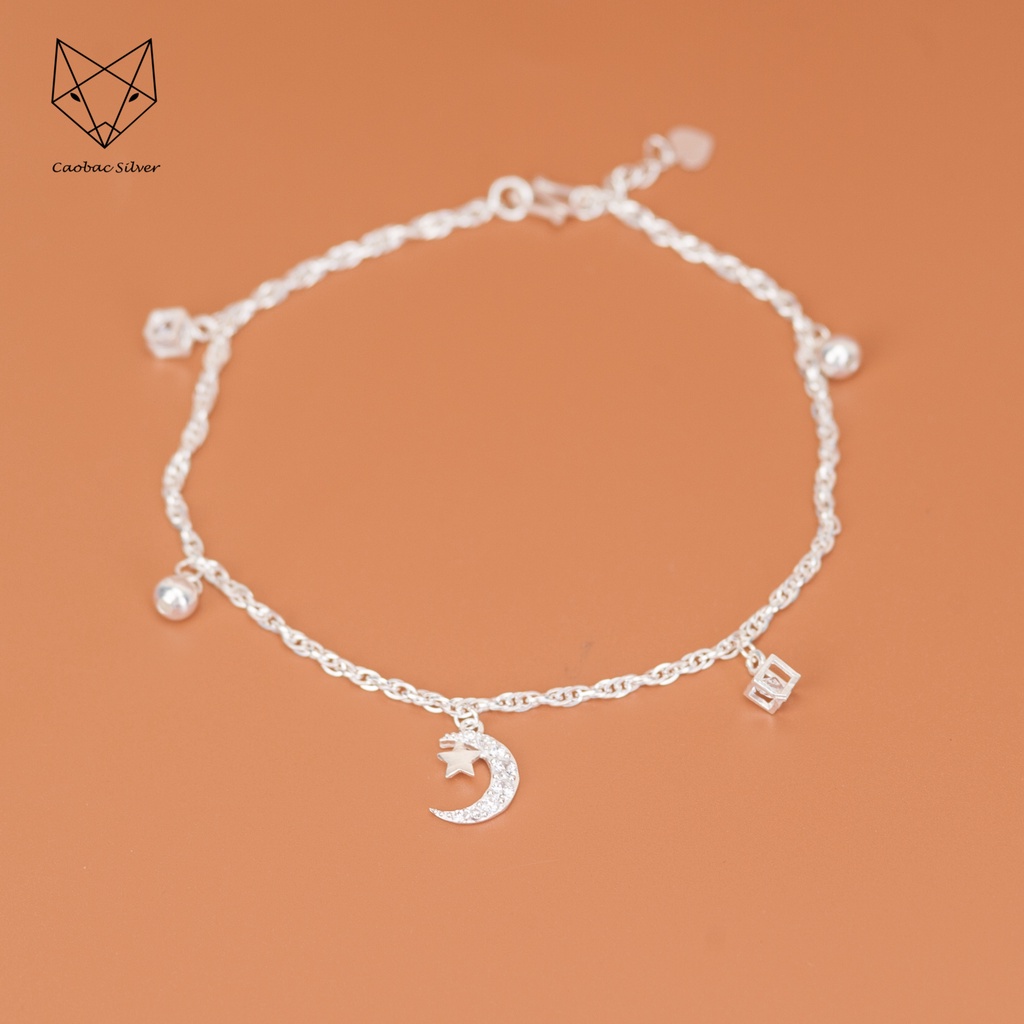 Vòng Tay, Lắc Chân Bạc S925 CaoBac Silver Sợi Xích Hoạ Tiết Trăng Sao Đá , Bi Lập Phương Rơi Phong Cách Nhẹ Nhàng Cho Nữ