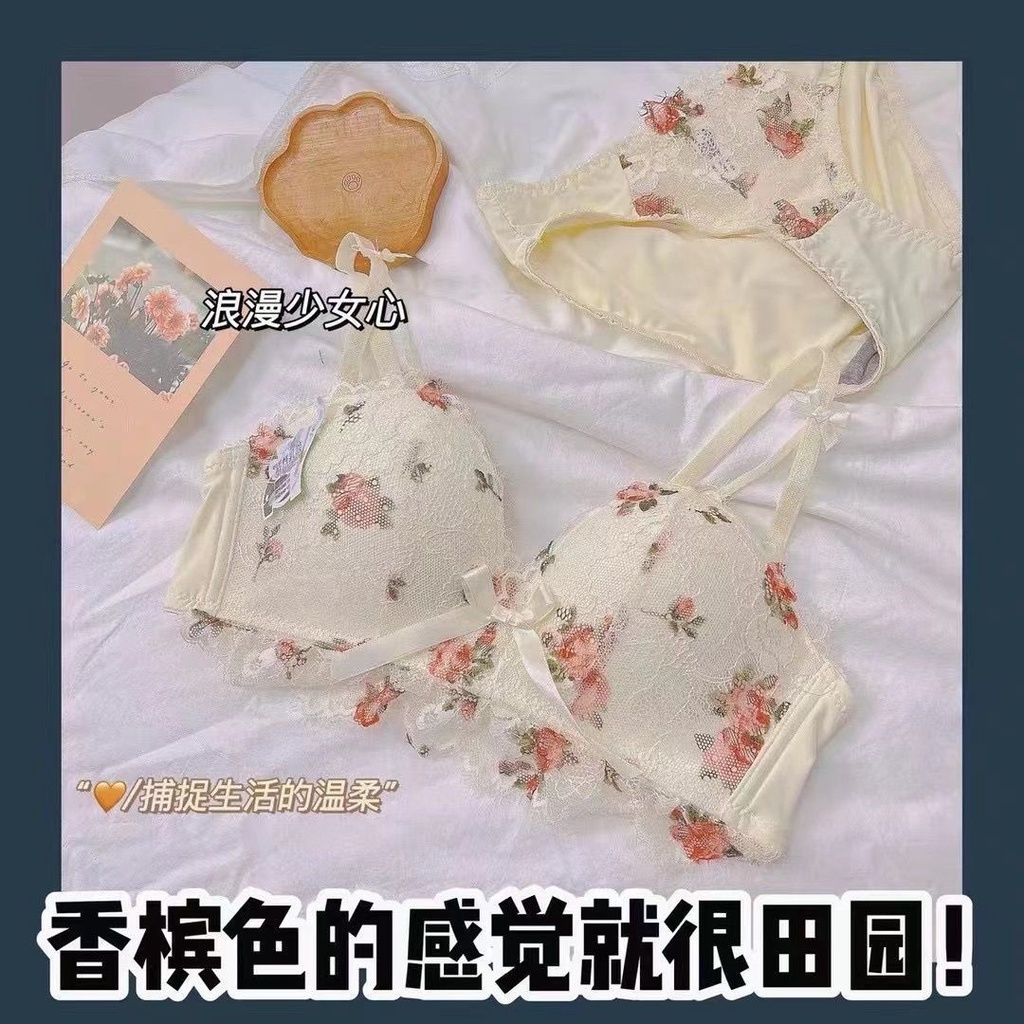 Bán Chạy!F &amp; X Bộ Đồ Lót Mỏng [Hoa Hồng Sơn Dầu Cổ Điển] Áo Ngực Nhỏ Không Dây Điều Chỉnh Được Loại Thoải Mái Cho Nữ