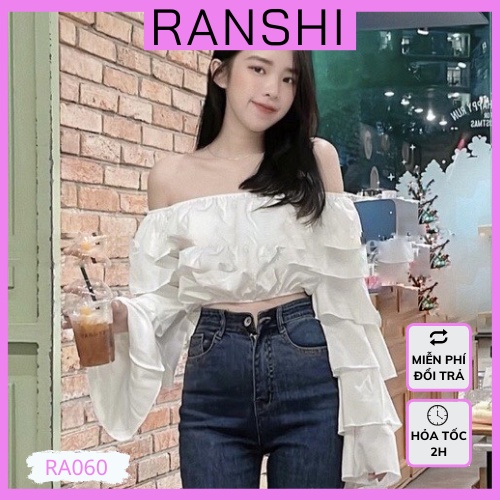 Áo Croptop Trễ Vai RANSHI Áo Bánh Bèo Hở Vai Ống Tay Dạng Loe Thiết Kế Mới Lạ Siêu Xinh Xắn Hấp Dẫn - RA060