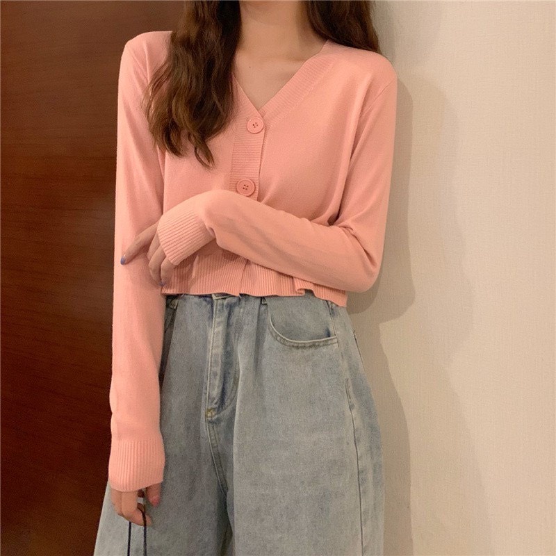 Áo len 3 KHUY TRƠN kiểu dáng crotop trẻ trung, cá tính