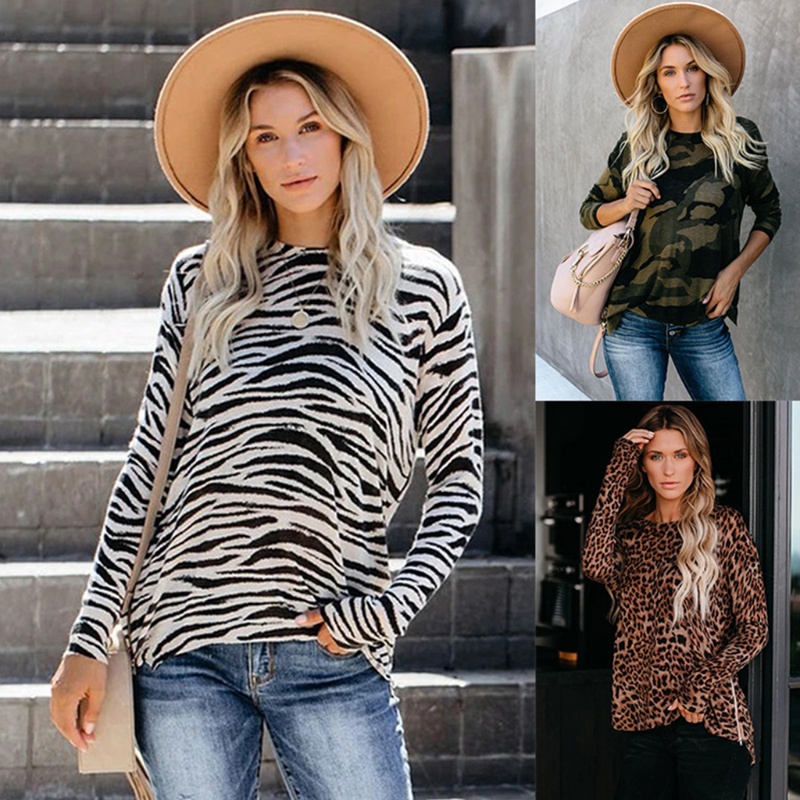 Áo Sweater Dệt Kim Tay Dài Cổ Tròn In Họa Tiết Da Báo / Ngựa Vằn Phối Khóa Kéo Bên Hông Thời Trang Cho Nữ