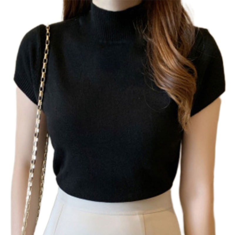 Áo Thun Dệt Kim Tay Ngắn Màu Trơn Cổ Lọ Dáng Ôm Thời Trang Mùa Hè Xinh Xắn Cho Nữ