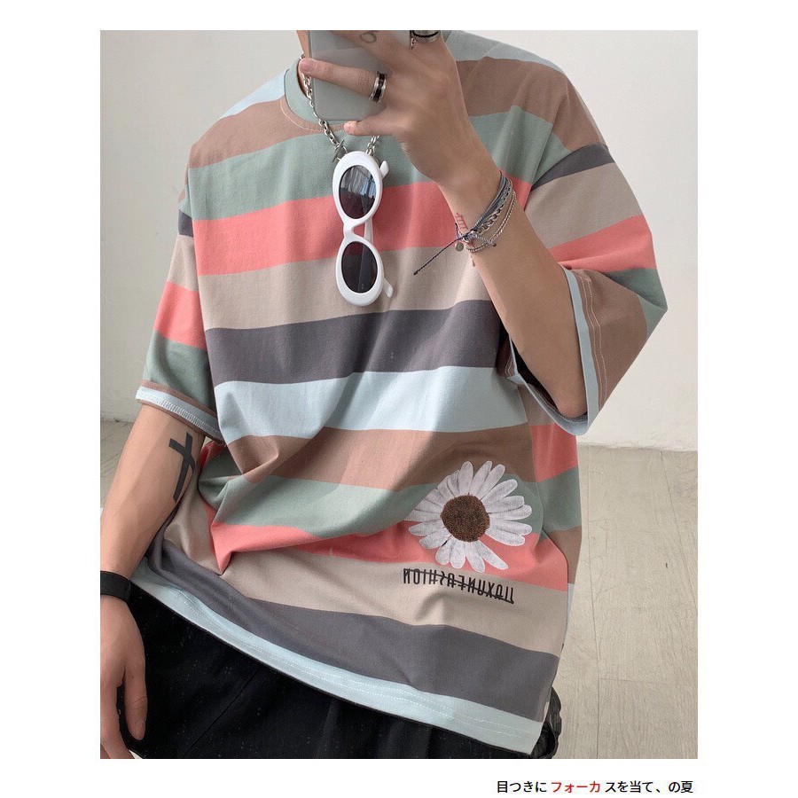 Áo thun đôi unisex hoa cúc sọc ngang cầu vồng siêu HOT