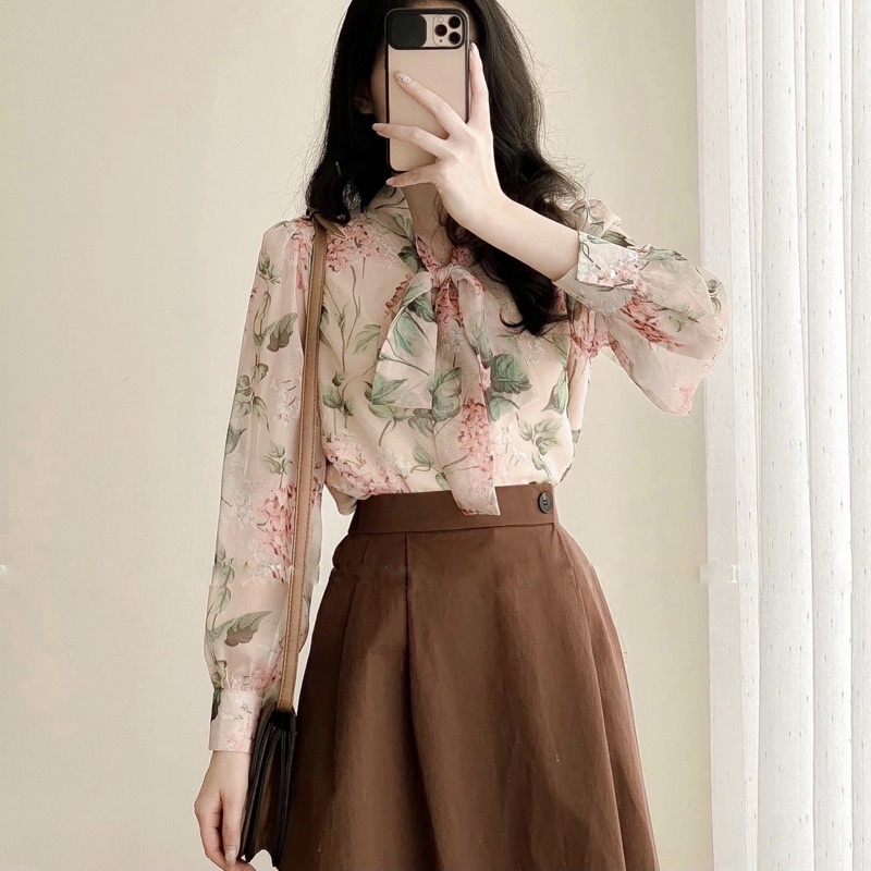 Áo sơ mi hoa voan phong cách hàn quốc cổ nơ tiểu thư chất liệu voan tơ mềm mịn không nhăn nhàu A37