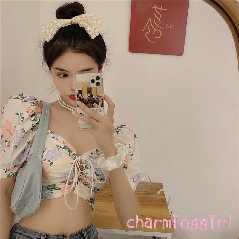 Áo kiểu dáng ngắn cổ chữ V thiết kế rút dây gợi cảm họa tiết ren hoa cho nữ