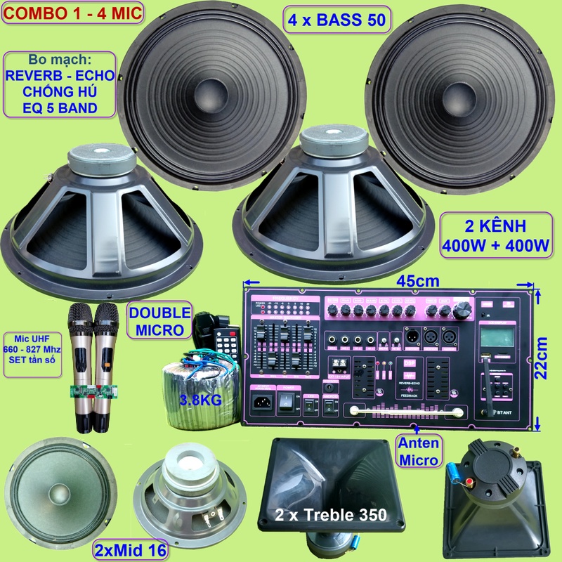 Mạch loa kéo 4 Bass 5 tấc 2 kênh độc lập 400W + 400W DSP Reverb Echo có chống hú Equalizer 5 Band, kèm micro xám