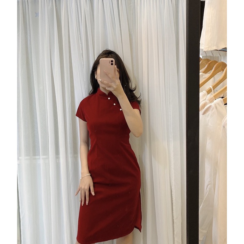 Đầm thiết kế đầm nữ nhung đỏ sườn xám mặc diện tết dự tiệc dạo phố cực xinh mã [SƯỜN XÁM | BigBuy360 - bigbuy360.vn