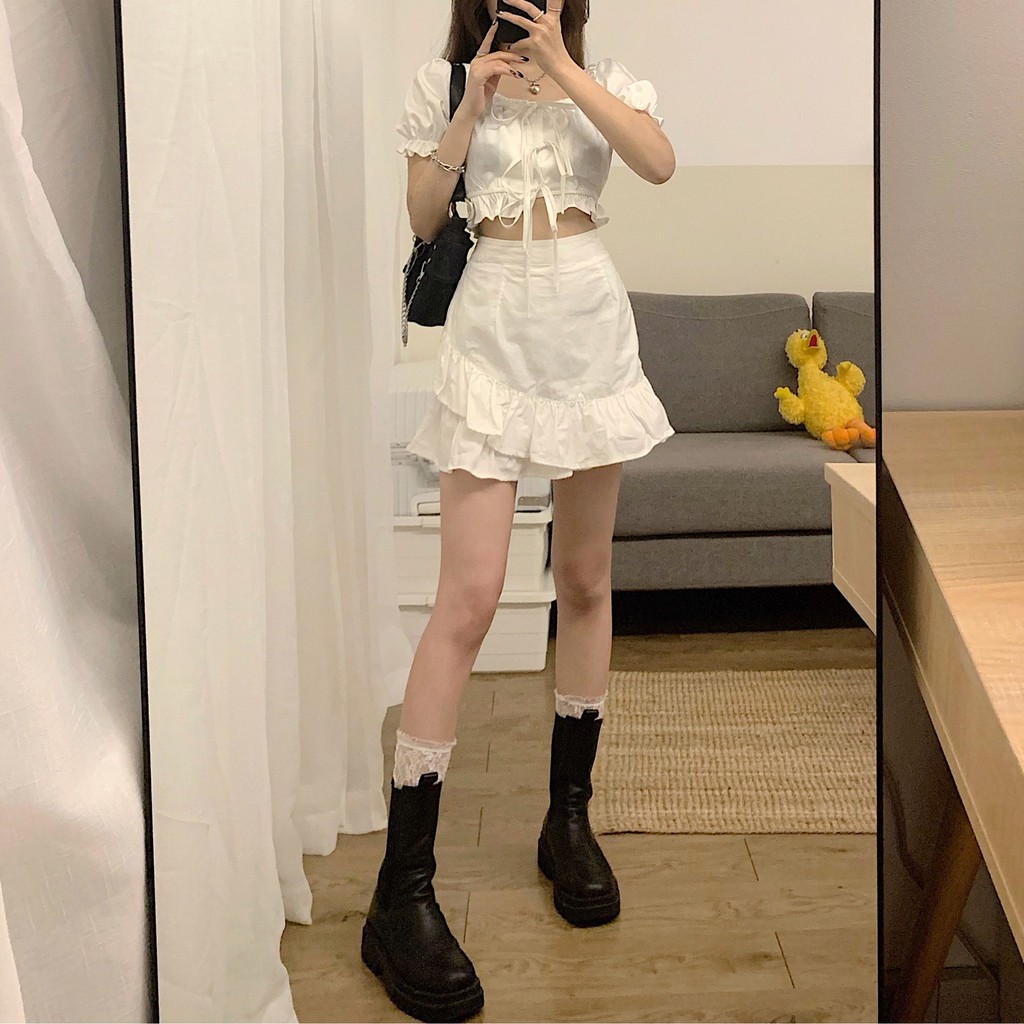 Set áo croptop công chúa chân váy bèo nhún phong cách Hàn Quốc cực xinh