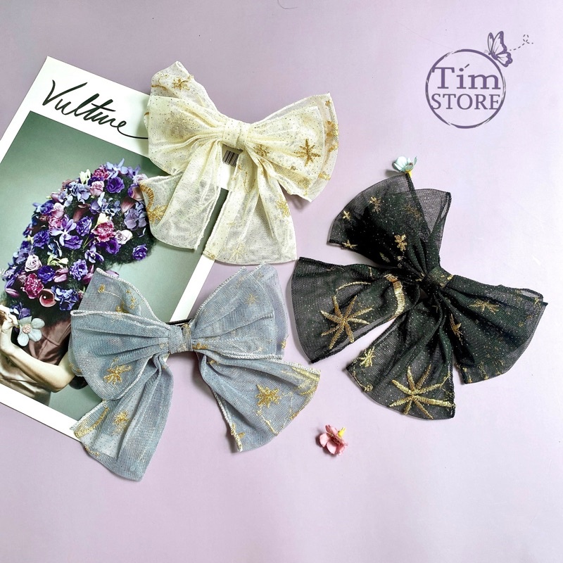 Kẹp tóc nơ lưới thêu trăng sao TÍM STORE phong cách hàn quốc thời trang hiện đại