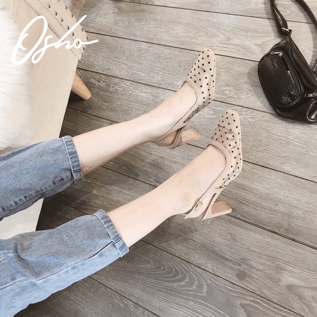 Giày Cao Gót Nữ Thời Trang OSHO Dáng Sandal Slingback, Mũi Tròn Gót Vuông, Họa Tiết Chấm Bi 2217-17