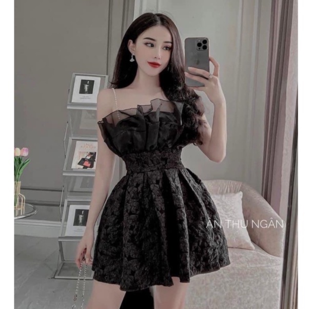 Váy hoa xốp nổi 2 dây trễ vai dây ngọc siêu hot đầm thiết kế dự tiệc DN788