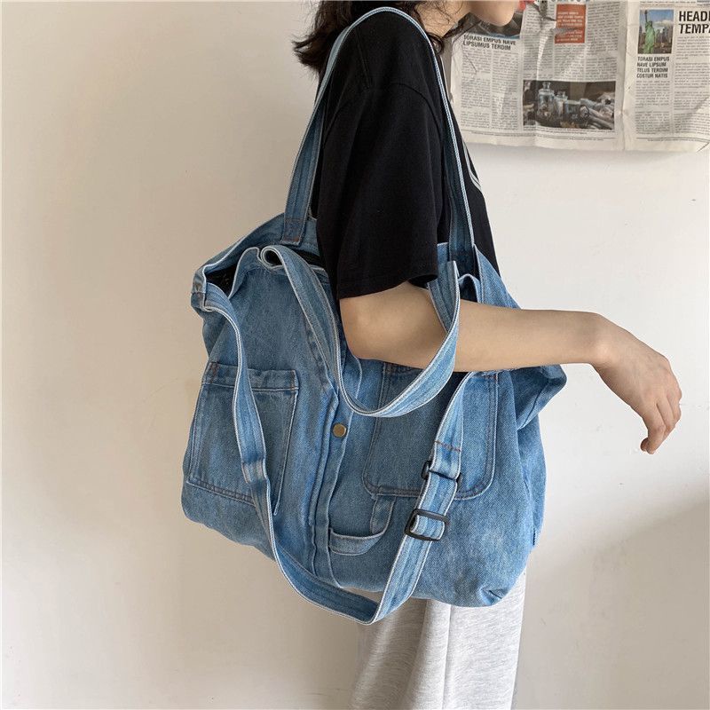 Túi Xách Đeo Vai Vải Denim Cỡ Lớn Có Khóa Kéo Phong Cách Hàn Quốc Cho Nữ