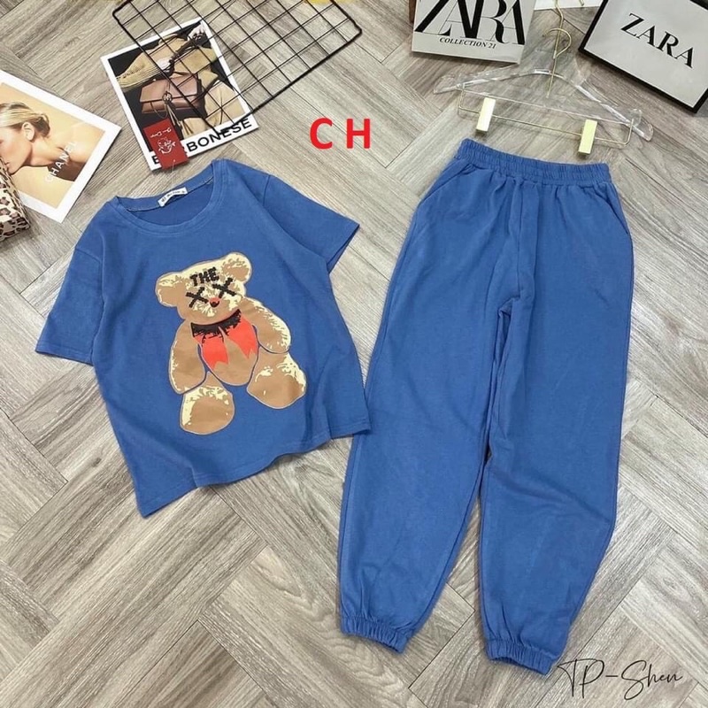 Set bộ nữ quần dài + áo thun cotton in hình 5D, Bộ nữ thể thao mặc mùa hè