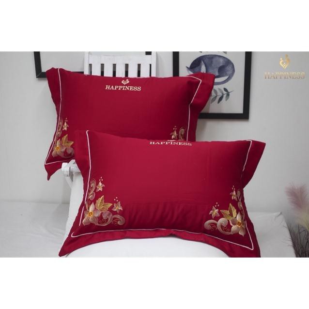 Hai vỏ gối cotton thêu hoa chính hãng Happiness