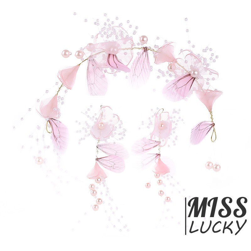 Set cài tóc+khuyên tai hoa đính ngọc trai hồng trang trí tóc cho cô dâu