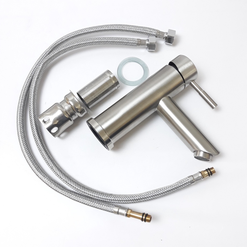 Vòi lavabo nóng lạnh inox 304 hình trụ trắng mờ đặc trưng inox phay cao cấp, sáng bóng, siêu bền