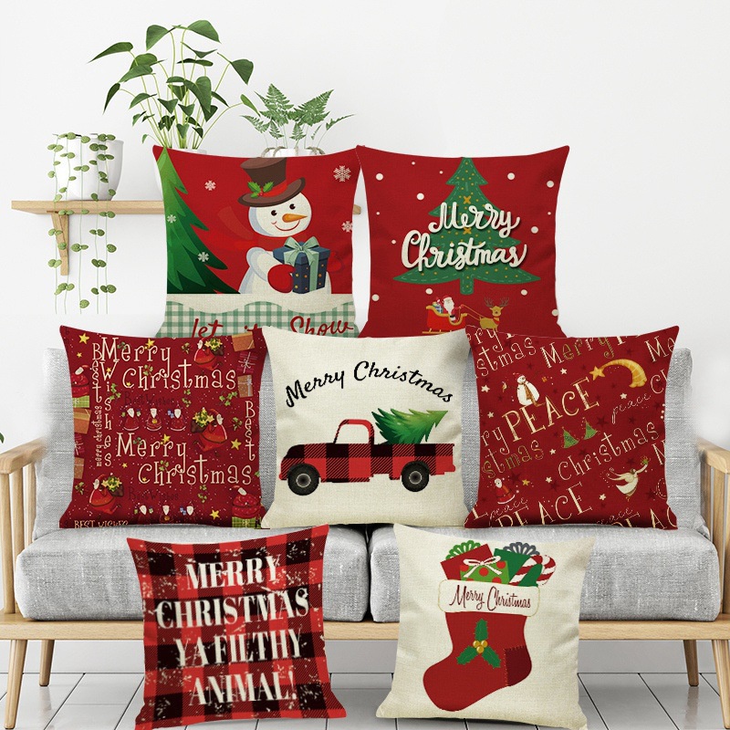 Vỏ gối sofa vải lanh hình nai sừng tấm/hoa tuyết màu đỏ đen chủ đề Giáng sinh trang trí nhà