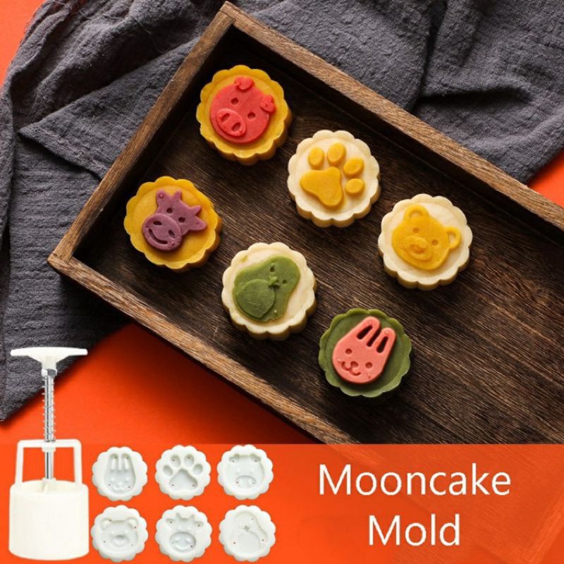 khuôn làm bánh lò xo hình thú, khuôn làm bánh trung thu 6 mặt kèm dụng cụ nhấn hình động vật