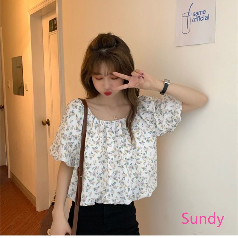 Áo Sơ Mi Voan Tay Phồng Họa Tiết Hoa Thời Trang Mùa Hè Cho Nữ