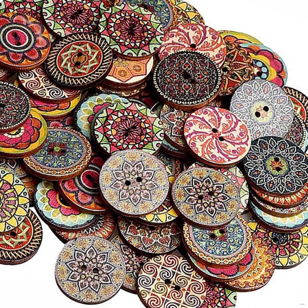 Bộ 100 Nút Gỗ Tròn 15mm In Hình Hoa Phong Cách Retro