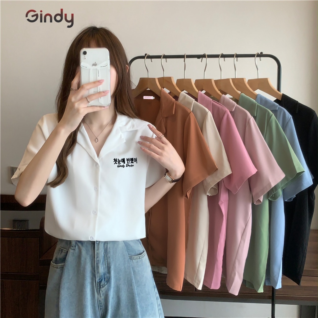Áo sơ mi nữ tay ngắn Hàn Quốc GINDY cổ vest thêu chữ thời trang công sở, học sinh, sinh viên A029