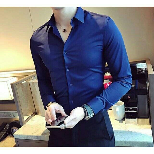 Sơ mi xanh coban nam tính ôm body dáng hàn, hàng vnxk, vải nhập cao cấp | BigBuy360 - bigbuy360.vn