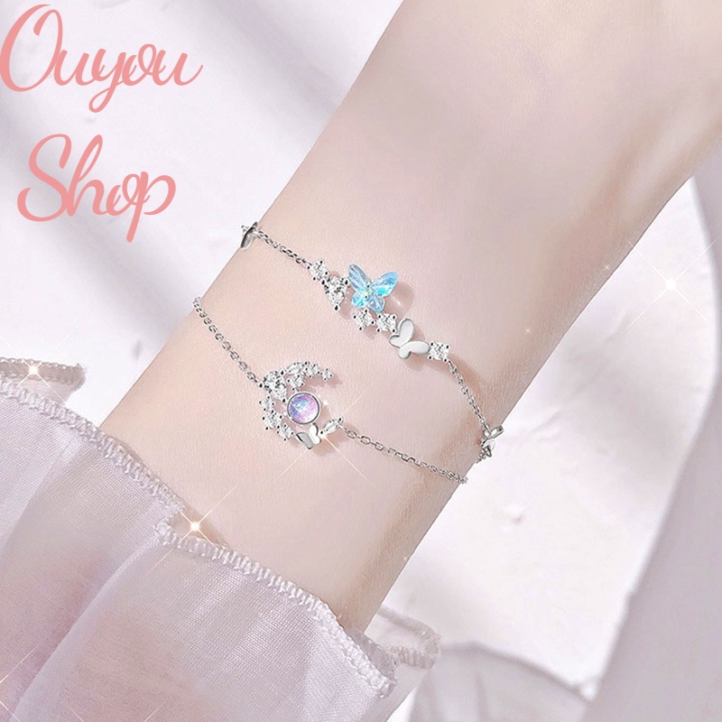 Vòng tay mặt hình bươm bướm mặt trăng đính đá lấp lánh phong cách Hàn Quốc dành cho nữ OUYOU