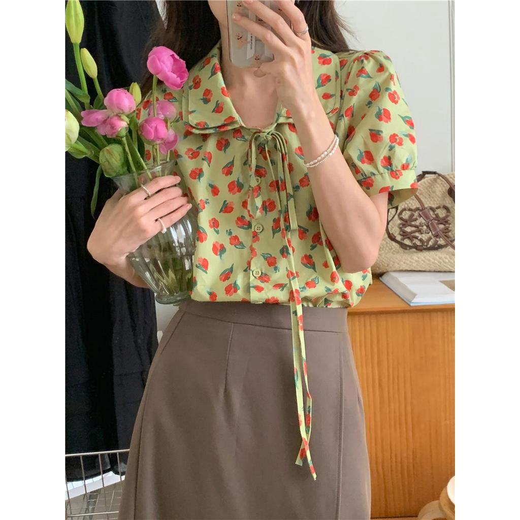 Áo Hoa Cột Dây Dây Phối Dây Cổ Ngắn Tay Thời Trang Retro Cá Tính 52800