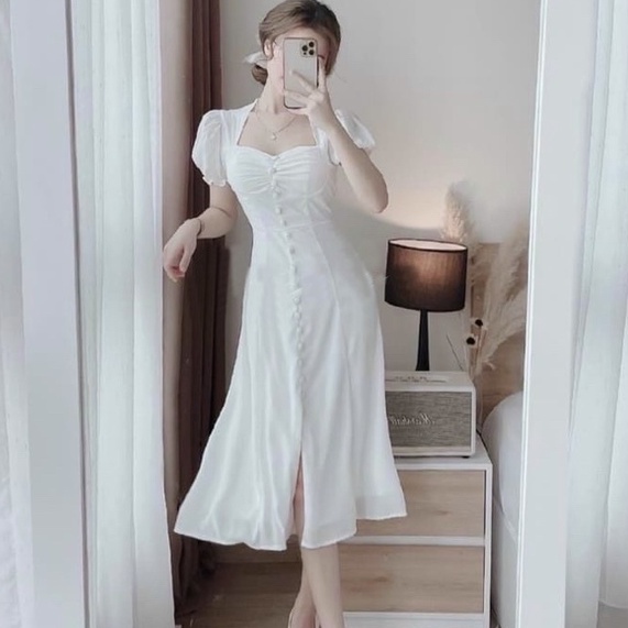 Váy Maxi Trắng - Đầm Cổ Vuông Tay Ngắn Hai Lớp Chất Vải Cao Cấp Đi Biển, Dạo Phố, Party Đều Hợp.
