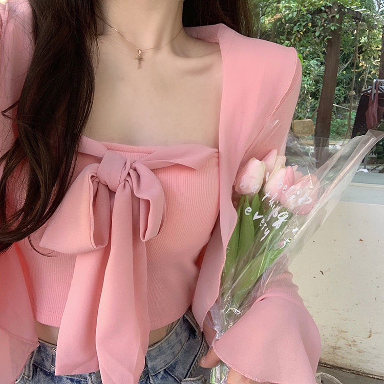 Jiashucheng Áo Hai Dây Thắt Nơ + Áo Khoác Cardigan Chống Nắng Ngọt Ngào Dễ Phối Đồ Phong Cách Nhật Bản