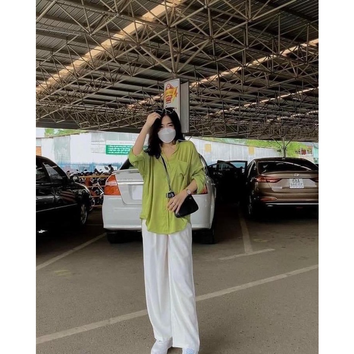 Set Áo Sơ Mi Xanh  Quần Kaki Trắng JOLIE Nữ  🌸 Bộ đồ phông form rộng tay lỡ culottes suông ống rộng Ulzzang.