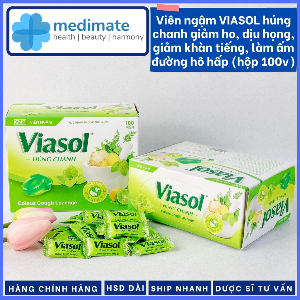 Viên ngậm VIASOL Húng Chanh giảm ho, giảm đau họng, dịu họng, làm ấm đường hô hấp (hộp 100 viên)