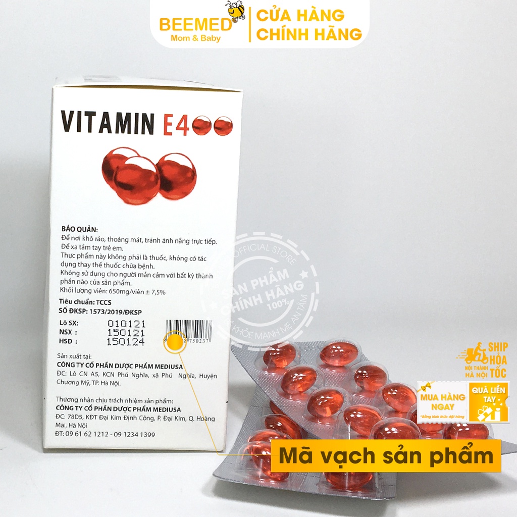 Bổ sung Vitamin E đỏ 400 IU, ngăn ngừa lão hóa, hỗ trợ làm đẹp da, có thêm lô hội, tương tự E đỏ Nga Hộp 100 viên