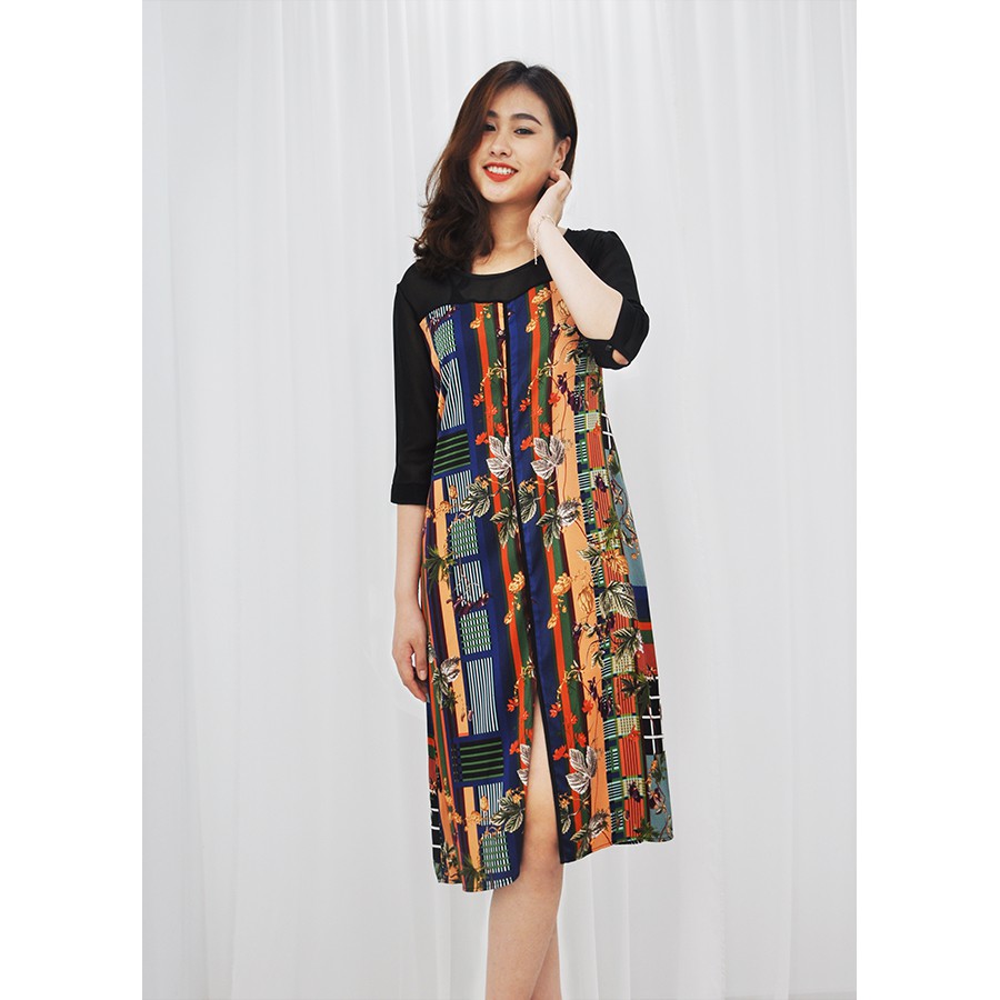 [SIZE M--&gt; 3XL TỚI 73 KG ĐẸP - RẺ- CHẤT ] ĐẦM SUÔNG LỤA IN HỌA TIẾT LÁ NHIỀU MÀU VIỀN ĐEN D3071