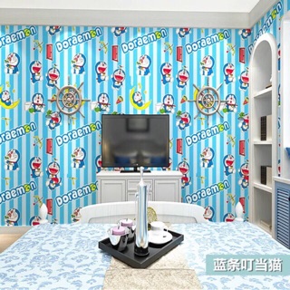 Giấy dán tường doraemon kẻ sọc xanh có keo sẵn khổ 10mx 45cm