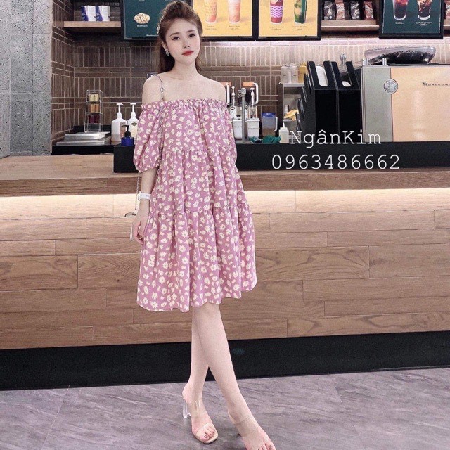 Váy bầu trễ vai họa tiết hoa cúc chất đũi lụa siêu xinh V270