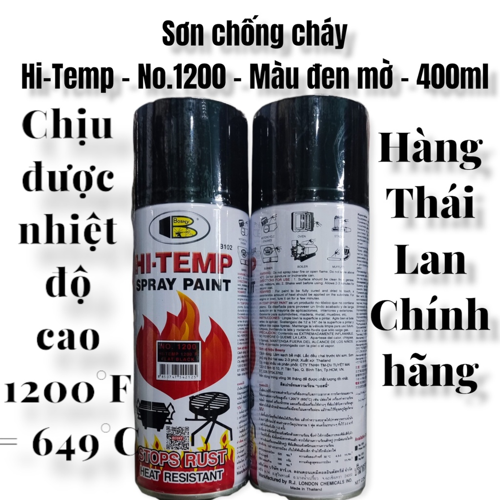 Sơn xịt chống cháy chịu được nhiệt độ cao Hi-Temp - No.1200 - Màu đen mờ - 400ml - Made in Thái Lan - Bao bì thay đổi