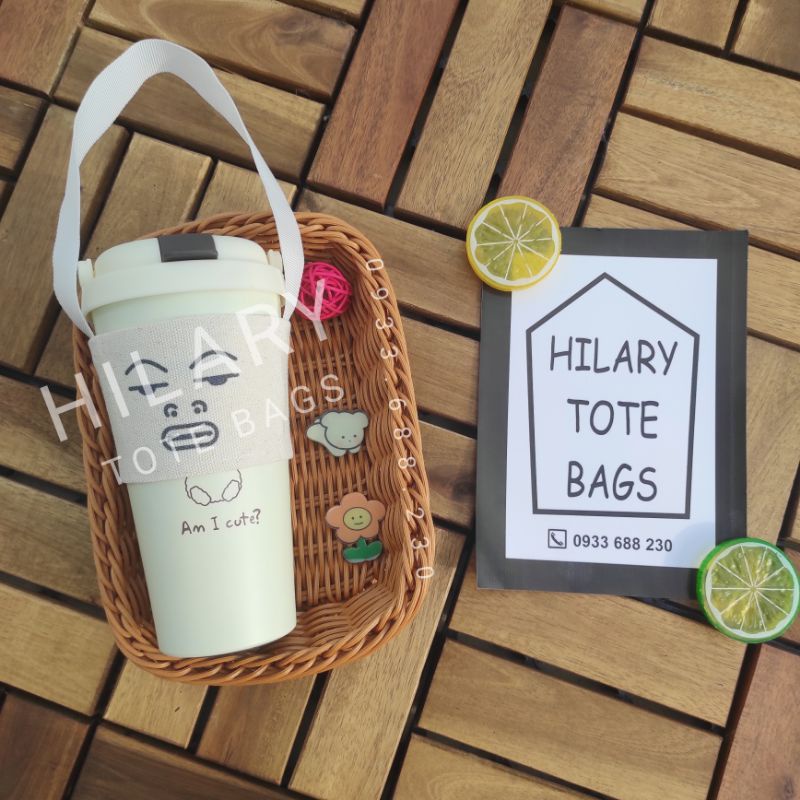 Túi Vải Đựng Ly Giữ Nhiệt Dưới 500ml In Hình Biểu Cảm Dây Đai Mỏng