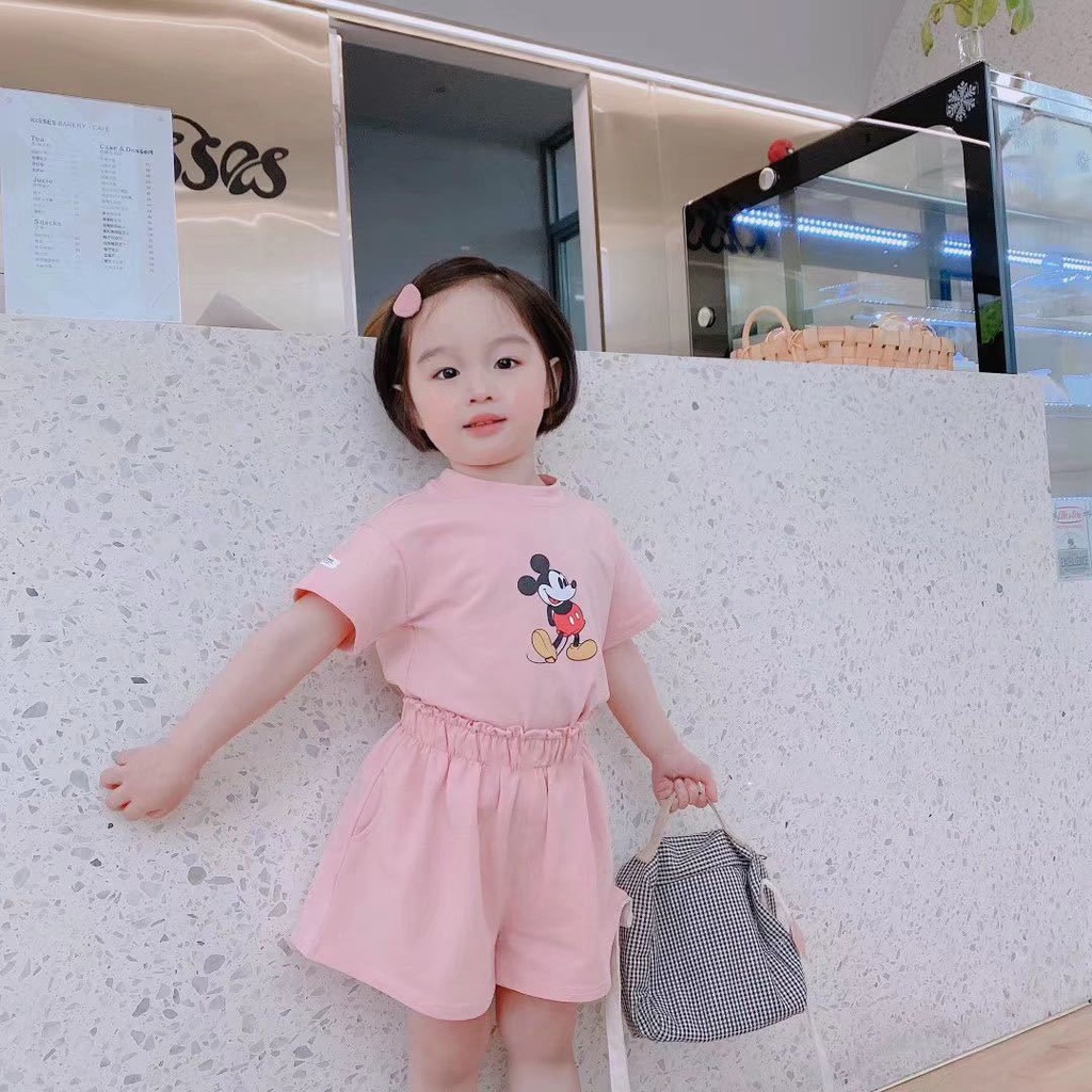 Set Áo Thun Cotton Ngắn Tay + Quần Short Dáng Rộng In Họa Tiết Hoạt Hình Thời Trang Mùa Hè Cho Bé Gái