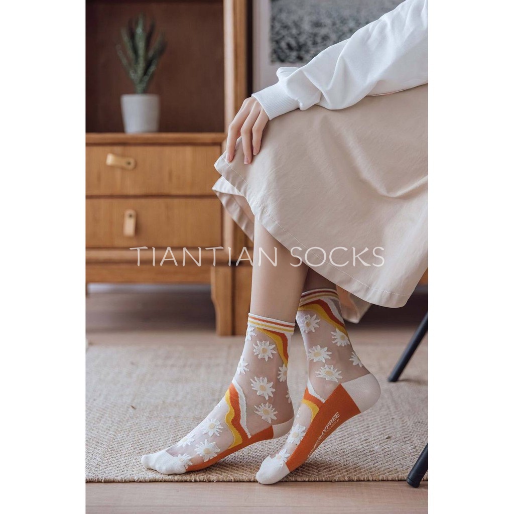 TIAN TIAN T039 Vớ tất trong suốt họa tiết hoa cúc phong cách Nhật Bản