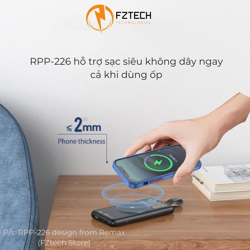 Sạc dự phòng không dây 10000mAh Remax RPP-226 FZTECH Pin dự phòng sạc nhanh  Màn hình LED hiển thị dung lượng pin