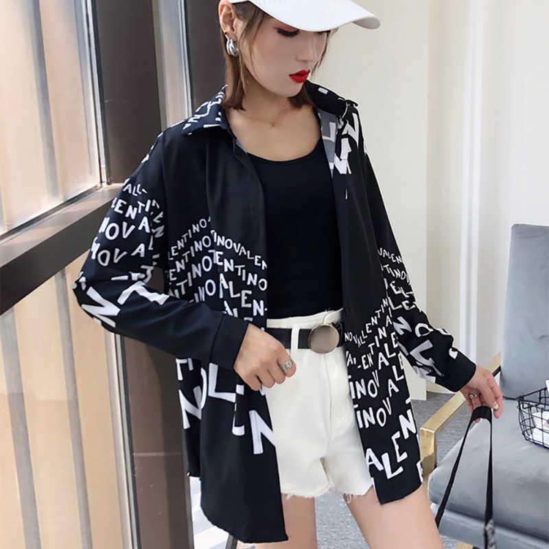 Áo sơ mi tay dài dáng rộng hoạ tiết chữ in thiết kế thanh lịch cho phái nữ