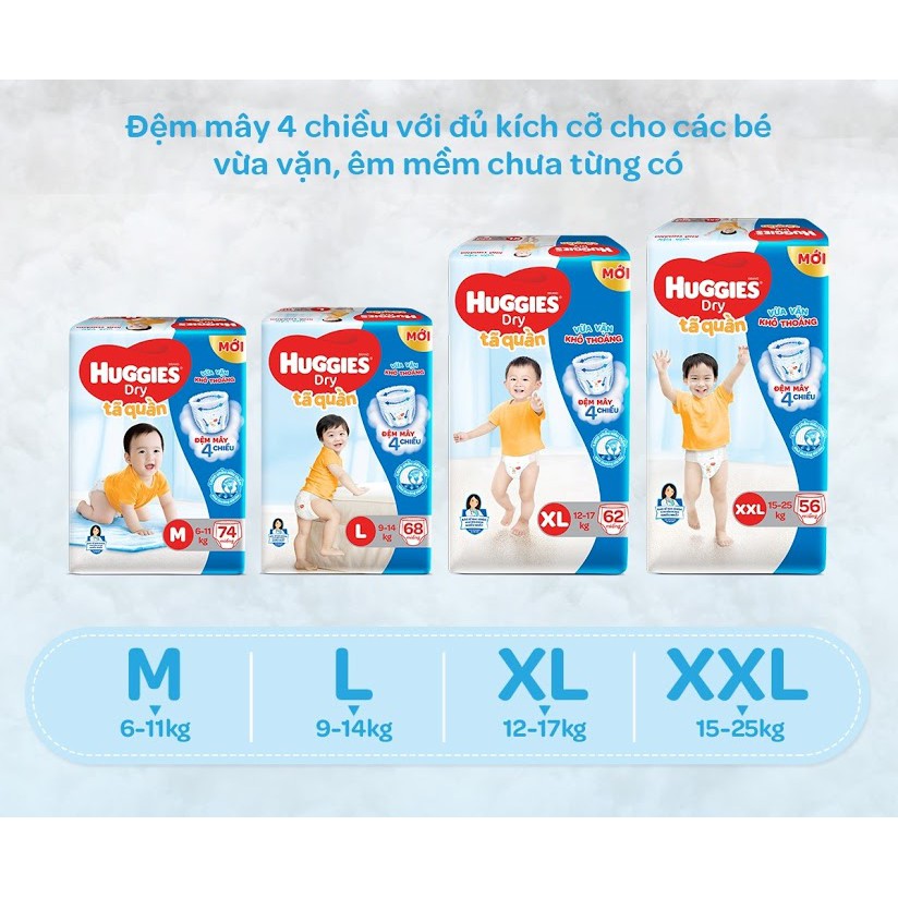 (Đệm mây 4 chiều - tặng thêm miếng) Bỉm quần/dán Huggies siêu đại M74/M76/L68/XL62/XXL56