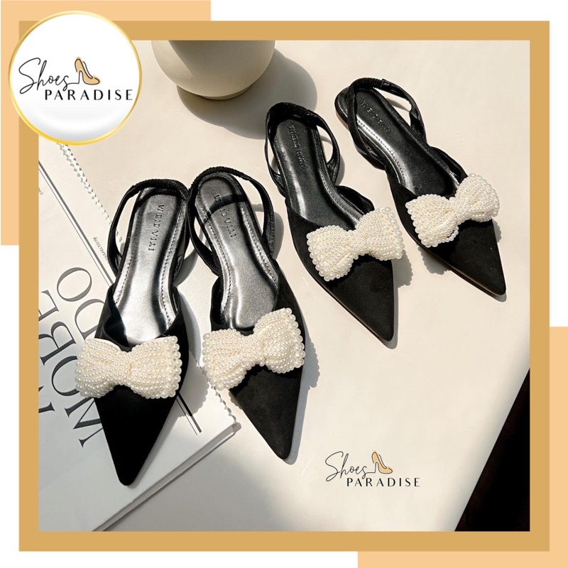Giày mũi nhọn bệt nữ hở gót giày đẹp giày nơ đính đá Shoes Paradise l052