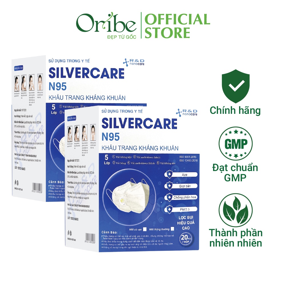 Combo 2 Hộp Khẩu Trang Y Tế Kháng Khuẩn N95 Silvercare Oribe Không Van Hộp 20 chiếc