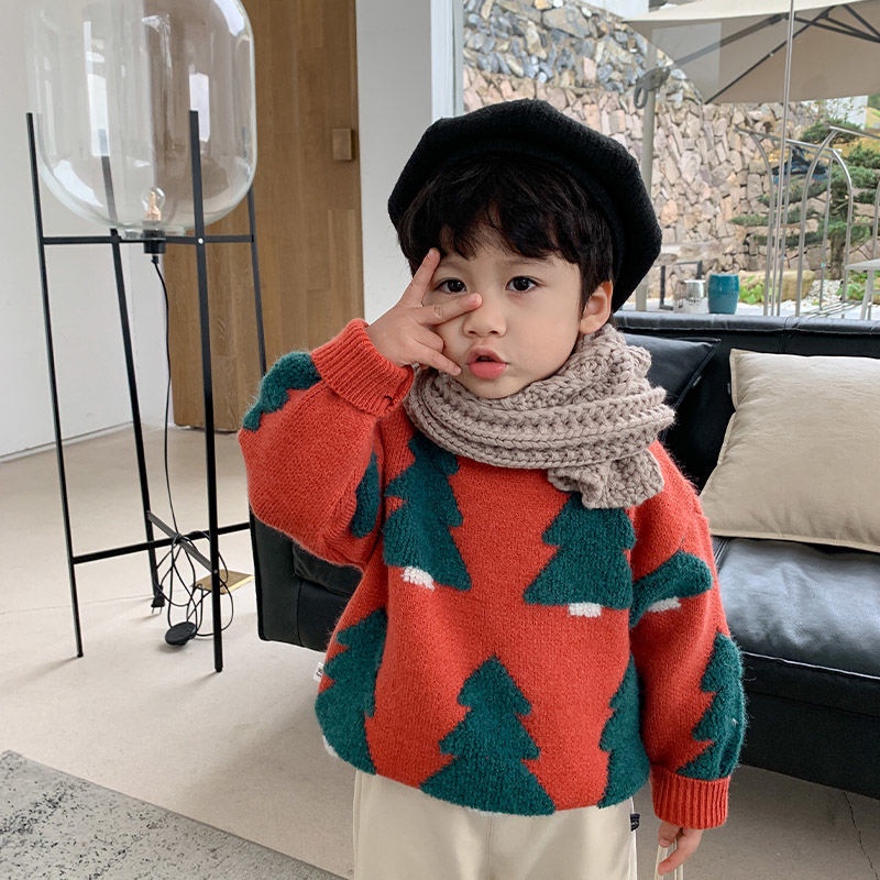 Áo sweater màu đỏ/ xanh lá cây họa tiết Giáng Sinh đáng yêu dành cho bé trai