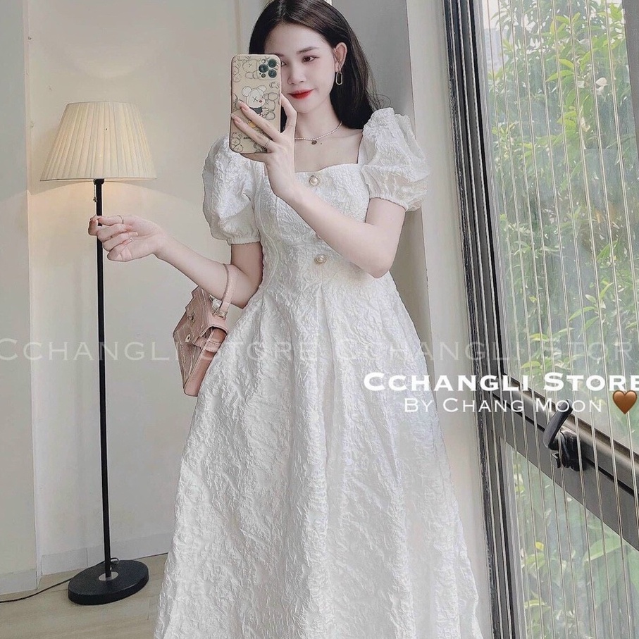 Đầm tay phồng đính cúc đầm gấm dự tiệc sang chảnh đầm váy nữ phong cách tiểu thư sang chảnh dễ thương