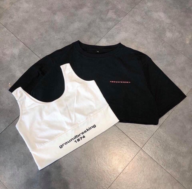 Set 2 áo croptop đen trắng trong ngoài siêu ngầu siêu đẹp